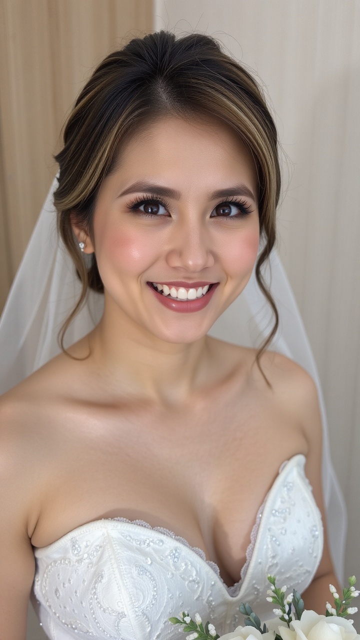 Soft focus captures the tender moment as the bride's face fills the frame. Her gentle smile and bright eyes shine directly...