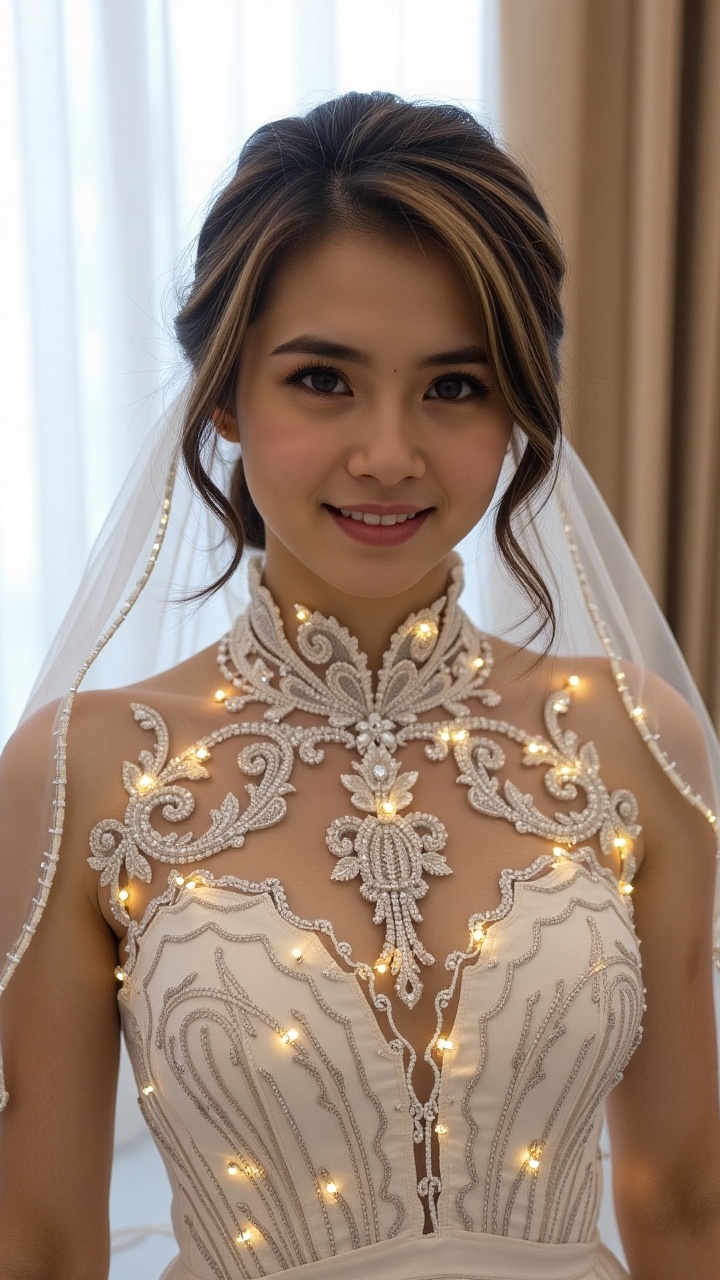 A radiant young bride gazes directly into the lens,  her gentle smile and sparkling eyes drawing attention. She wears an e...