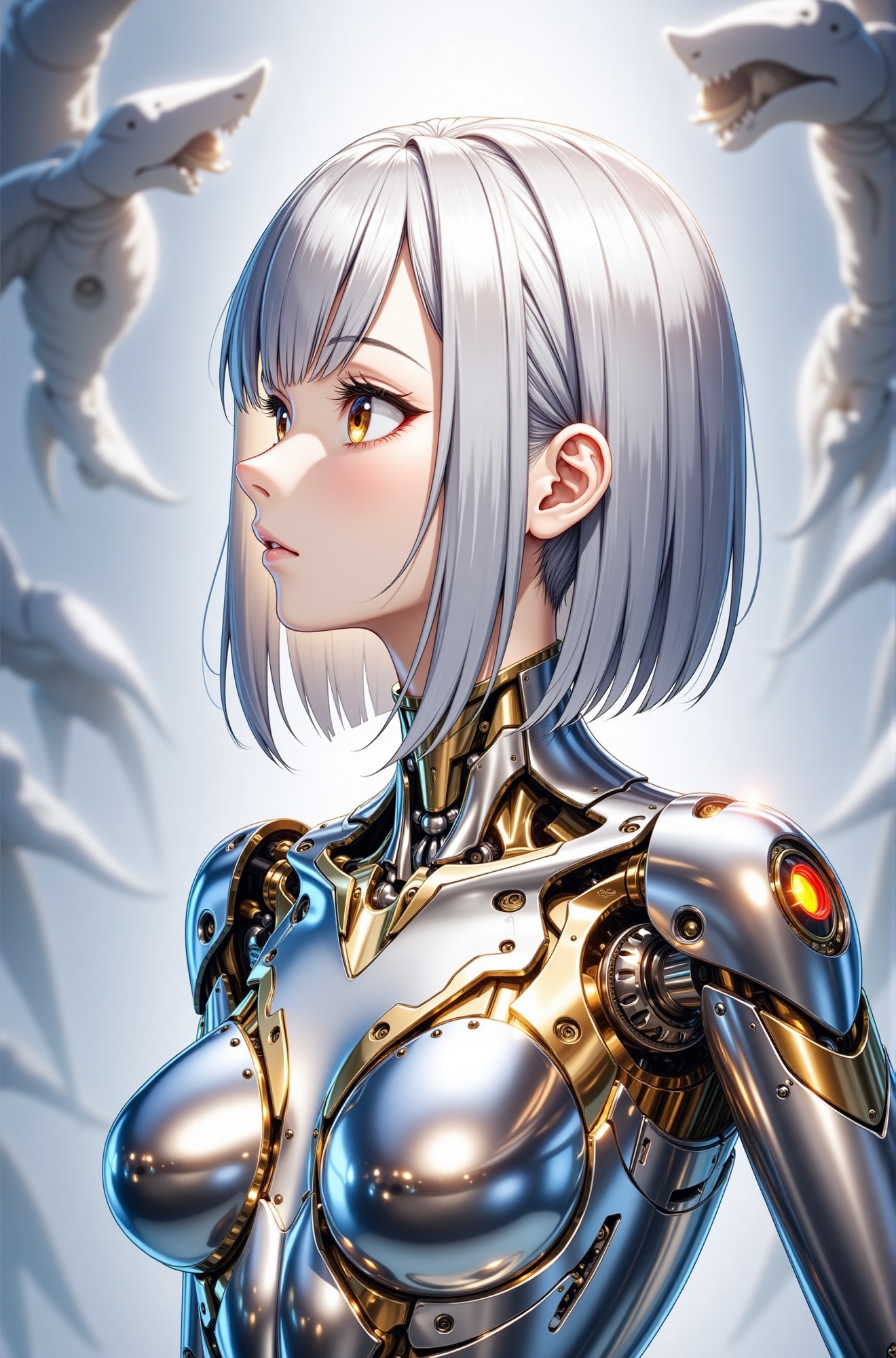cinema poster. **Character:** - side shot of a mechanized woman. - Shiny metallic silver hair is shoulder-length,  smooth....