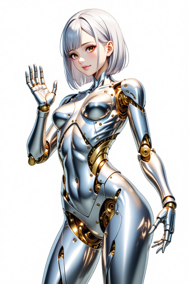 A mechanized mature woman. **Character:** - a mechanized woman. - Shiny metallic silver hair is shoulder-length,  smooth.n...