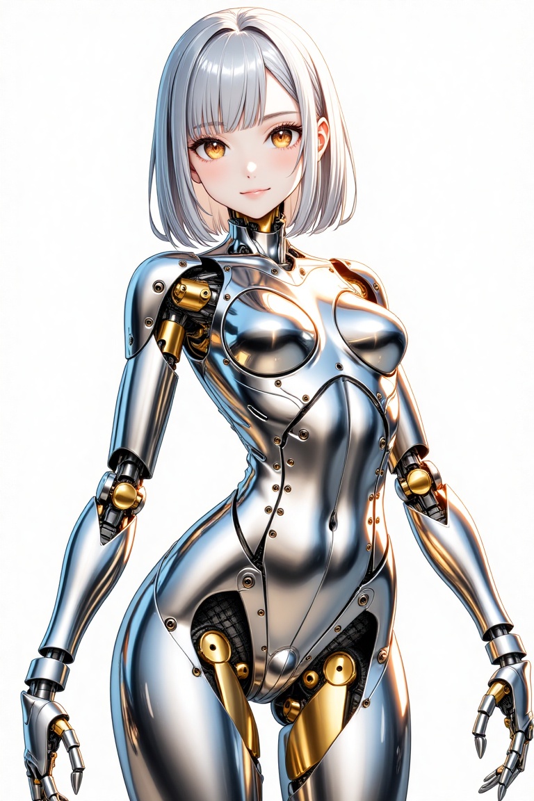 A mechanized female. **Character:** - a mechanized girl. - Shiny metallic silver hair is shoulder-length,  smooth.natural...