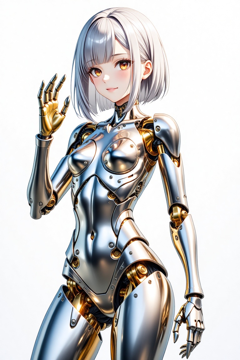 A mechanized female. **Character:** - a mechanized girl. - Shiny metallic silver hair is shoulder-length,  smooth.natural...