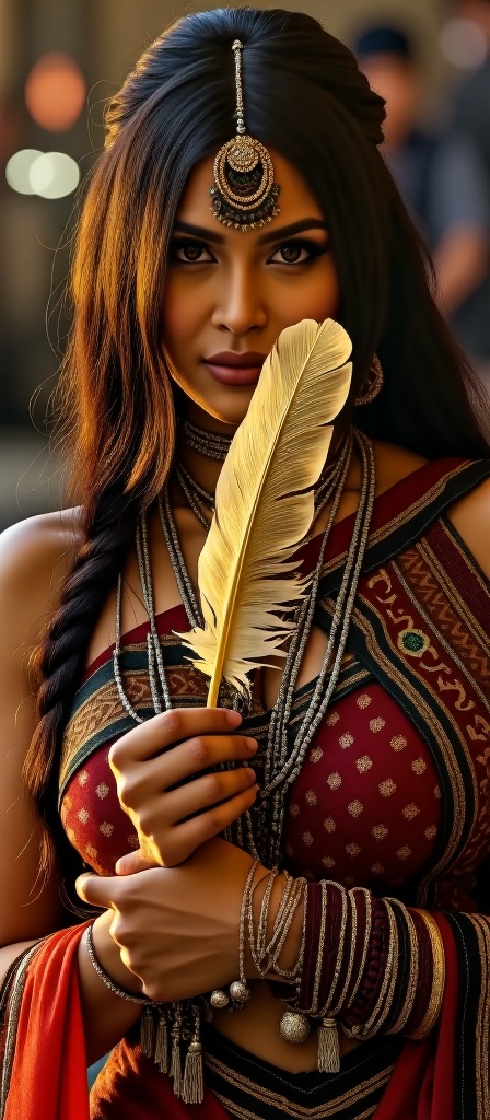 A stunning depiction of a woman from a chosen region,  adorned in cultural garments,  holding a golden feather that shimme...