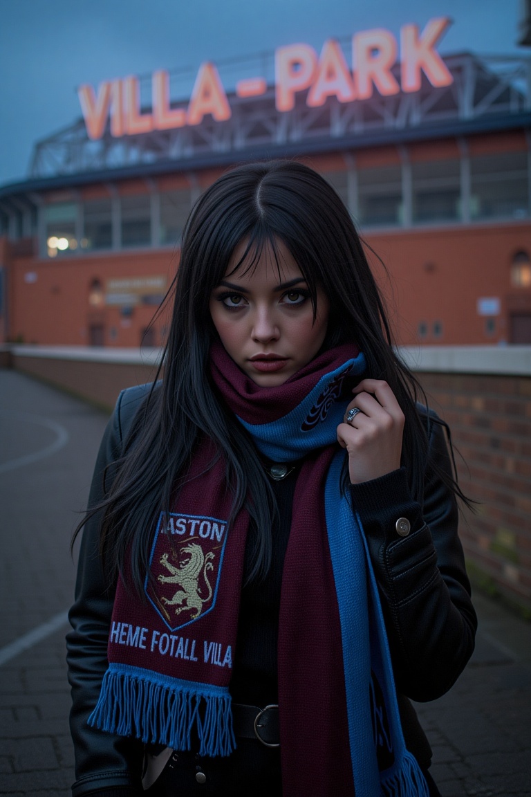 A stunning woman with dark hair and striking goth makeup is standing outside Villa Park,  the home of Aston Villa Football...