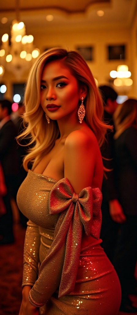 A cinematic,  high-glamour photograph capturing a stunning woman at an exclusive evening event. The scene is illuminated b...