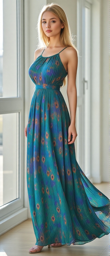 A young woman photographed in the style of ohwx in natural morning light,  wearing a flowing maxi dress with peacock-inspi...
