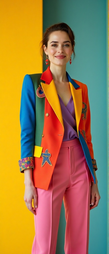 Kristen Stewart stands confidently in a vibrant studio,  her colorful outfit a bold statement of modern fashion. She wears...