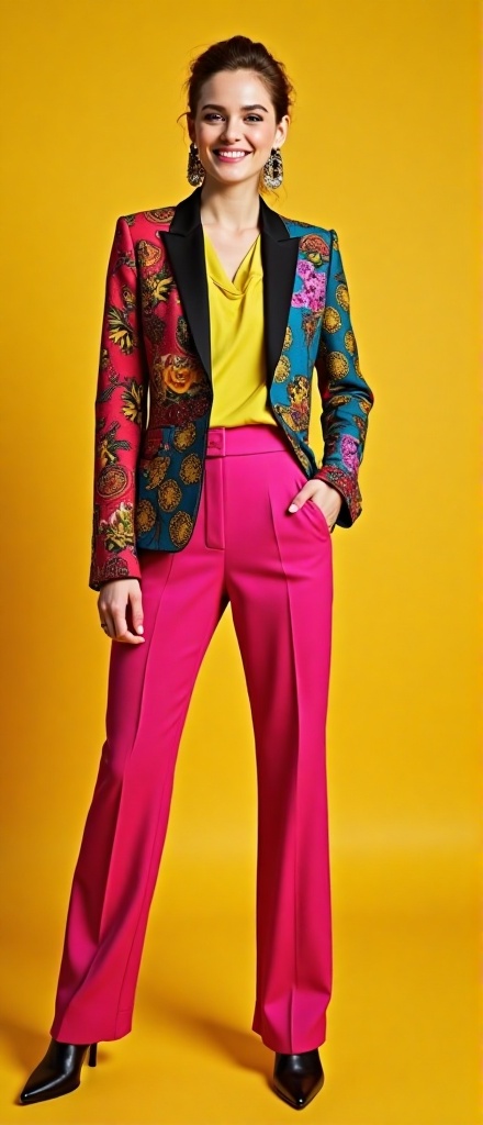 Kristen Stewart stands confidently in a vibrant studio,  her colorful outfit a bold statement of modern fashion. She wears...
