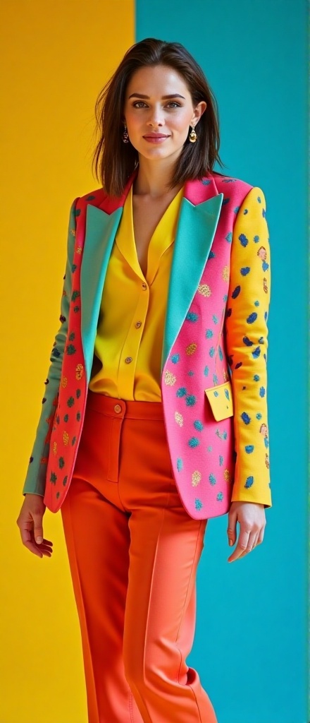 Kristen Stewart stands confidently in a vibrant studio,  her colorful outfit a bold statement of modern fashion. She wears...