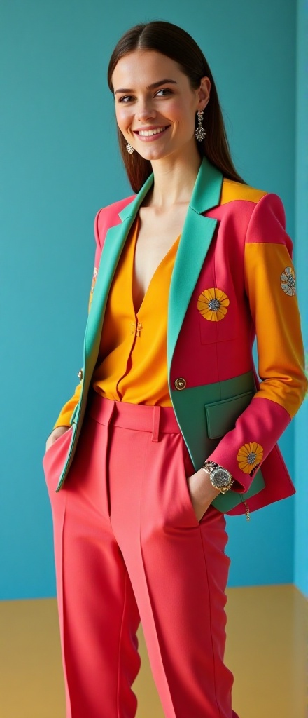 Kristen Stewart stands confidently in a vibrant studio,  her colorful outfit a bold statement of modern fashion. She wears...