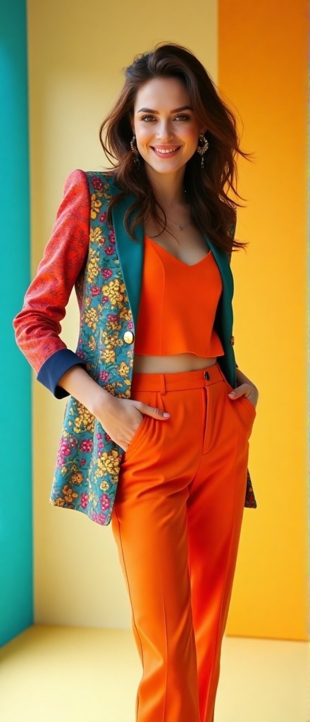 Kristen Stewart stands confidently in a vibrant studio,  her colorful outfit a bold statement of modern fashion. She wears...