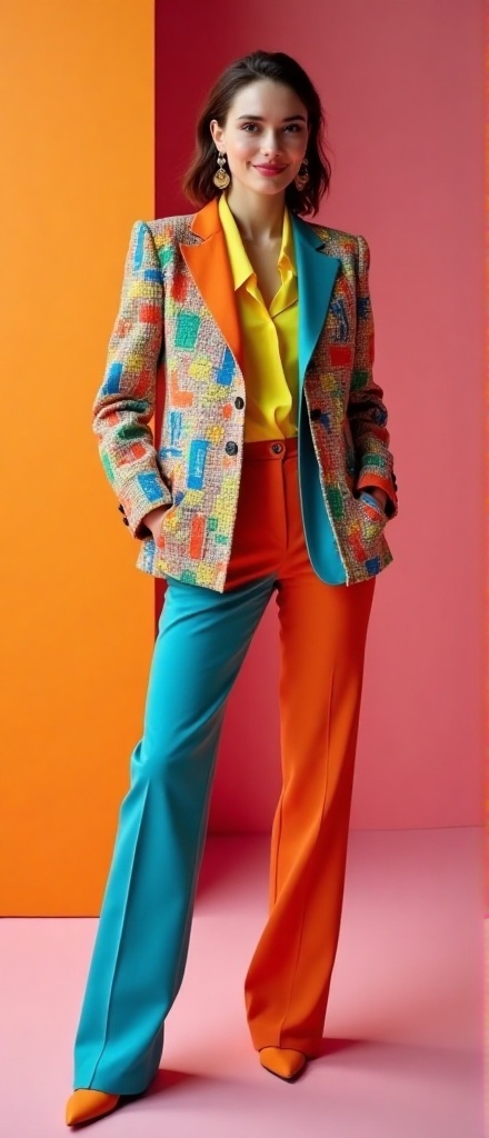 Kristen Stewart stands confidently in a vibrant studio,  her colorful outfit a bold statement of modern fashion. She wears...