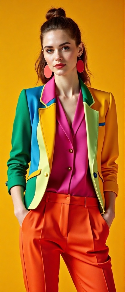 Kristen Stewart stands confidently in a vibrant studio,  her colorful outfit a bold statement of modern fashion. She wears...