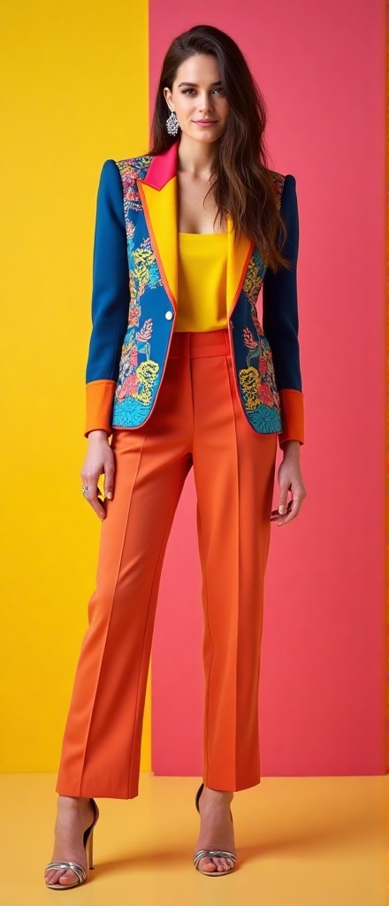 Kristen Stewart stands confidently in a vibrant studio,  her colorful outfit a bold statement of modern fashion. She wears...