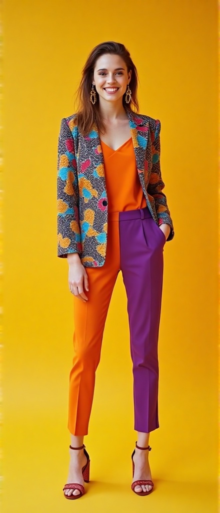 Kristen Stewart stands confidently in a vibrant studio,  her colorful outfit a bold statement of modern fashion. She wears...