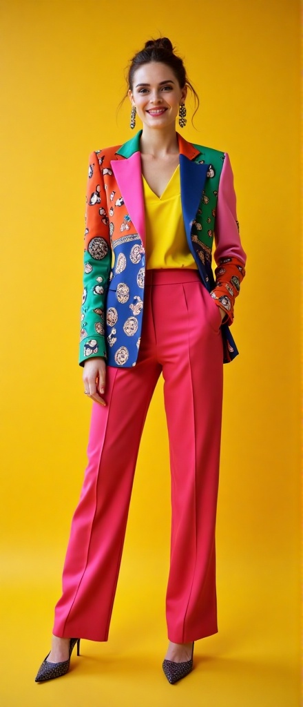 Kristen Stewart stands confidently in a vibrant studio,  her colorful outfit a bold statement of modern fashion. She wears...