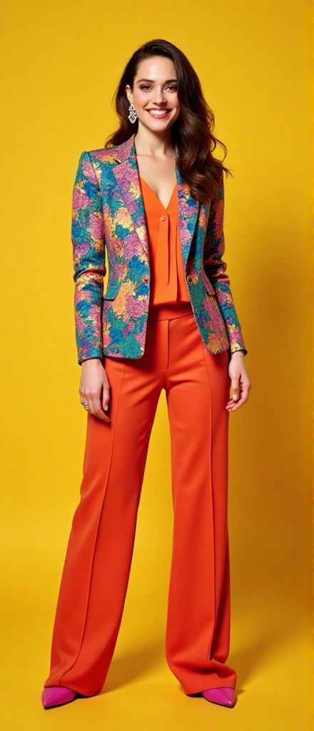 Kristen Stewart stands confidently in a vibrant studio,  her colorful outfit a bold statement of modern fashion. She wears...