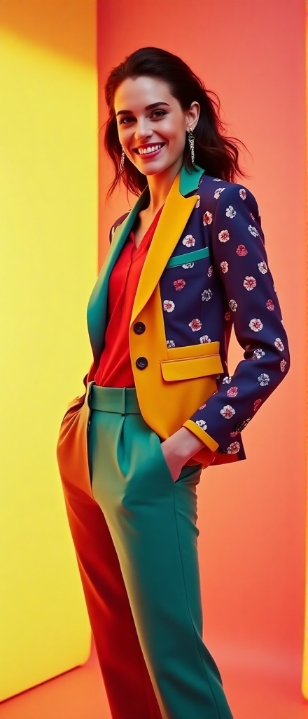 Kristen Stewart stands confidently in a vibrant studio,  her colorful outfit a bold statement of modern fashion. She wears...