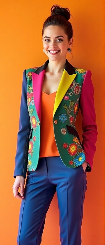 Kristen Stewart stands confidently in a vibrant studio,  her colorful outfit a bold statement of modern fashion. She wears...