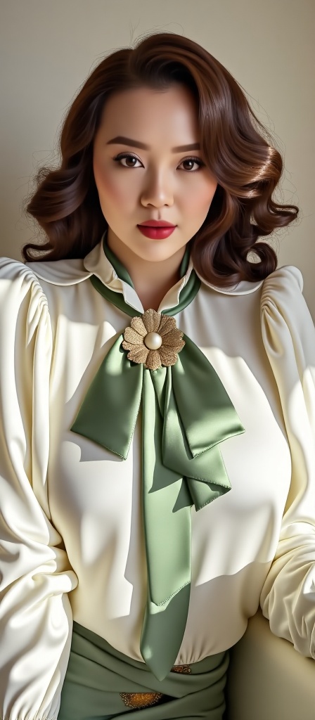 A glamorous woman is captured in a vintage-inspired,  high-fashion portrait. She wears a luxurious ivory satin blouse with...