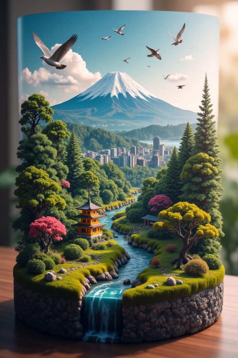 A microworld NFT featuring a serene Japanese landscape with Mount Fuji in the background,  surrounded by a picturesque Jap...