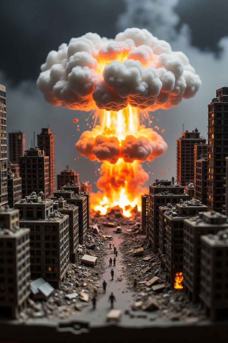 A detailed microworld diorama featuring a miniature metropolis in ruins,  illuminated by an eerie,  glowing atomic explosi...
