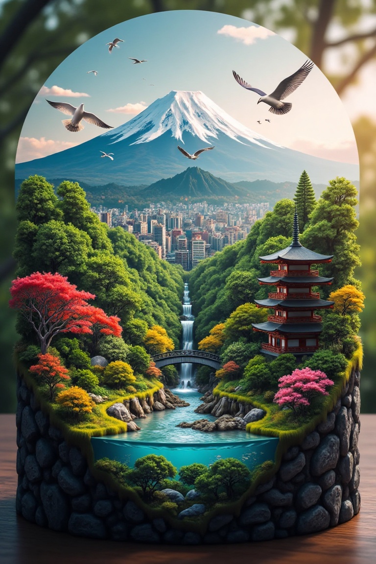A microworld NFT featuring a serene Japanese landscape with Mount Fuji in the background,  surrounded by a picturesque Jap...