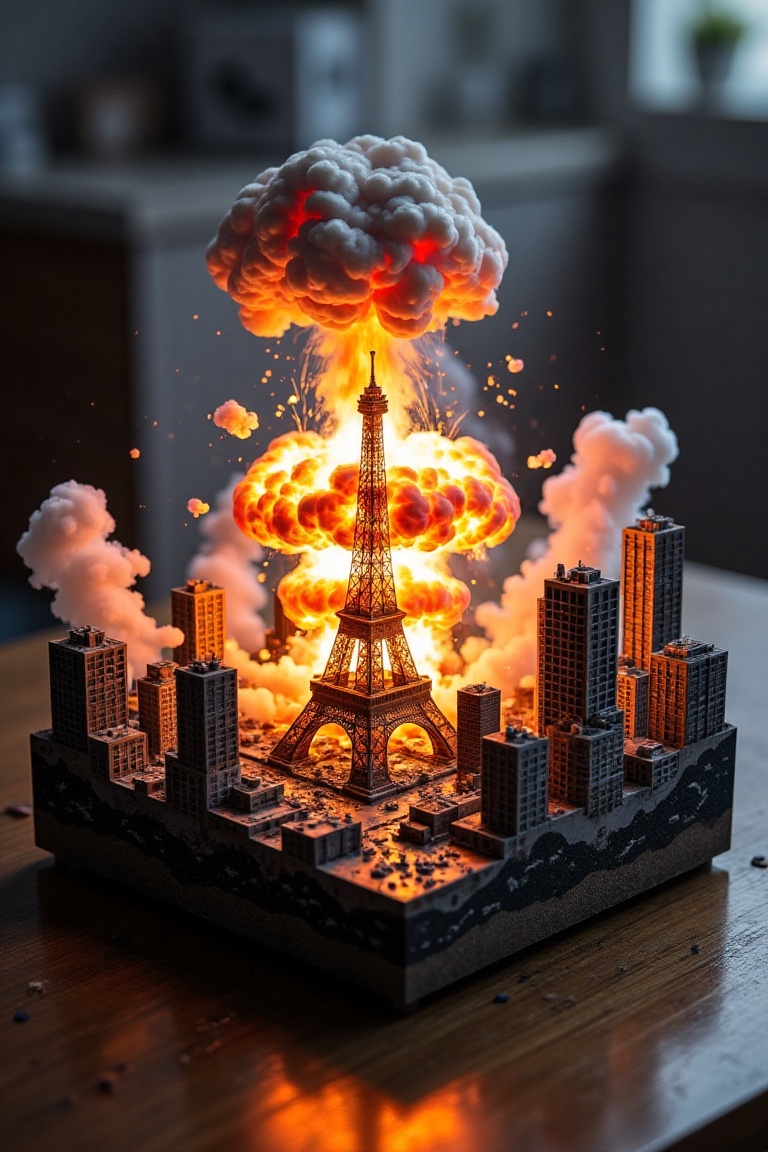A microworld diorama in the shape of a cube,  featuring a miniature metropolis with towering skyscrapers and the iconic Ei...