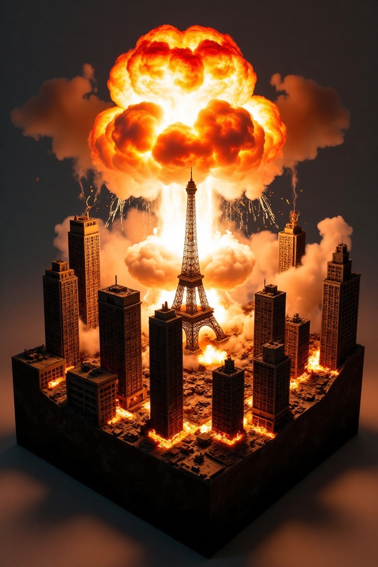 A microworld diorama in the shape of a cube,  featuring a miniature metropolis with towering skyscrapers and the iconic Ei...