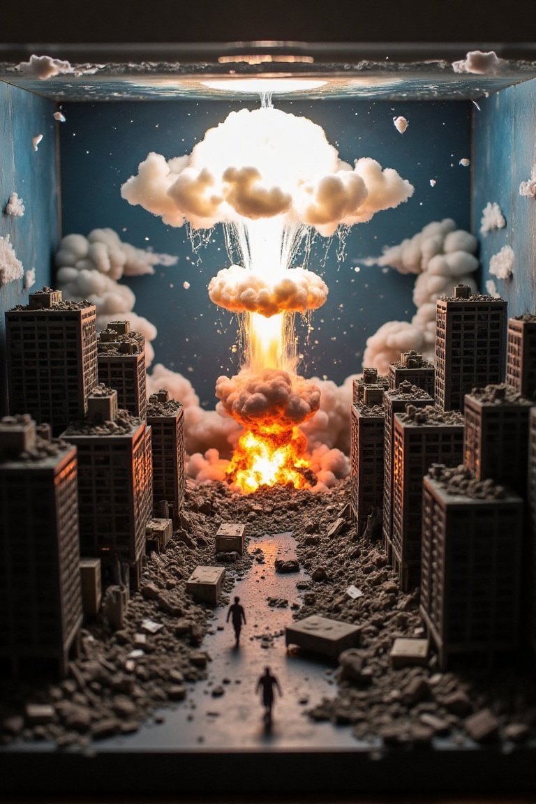 A detailed microworld diorama featuring a miniature metropolis in ruins,  illuminated by an eerie,  glowing atomic explosi...