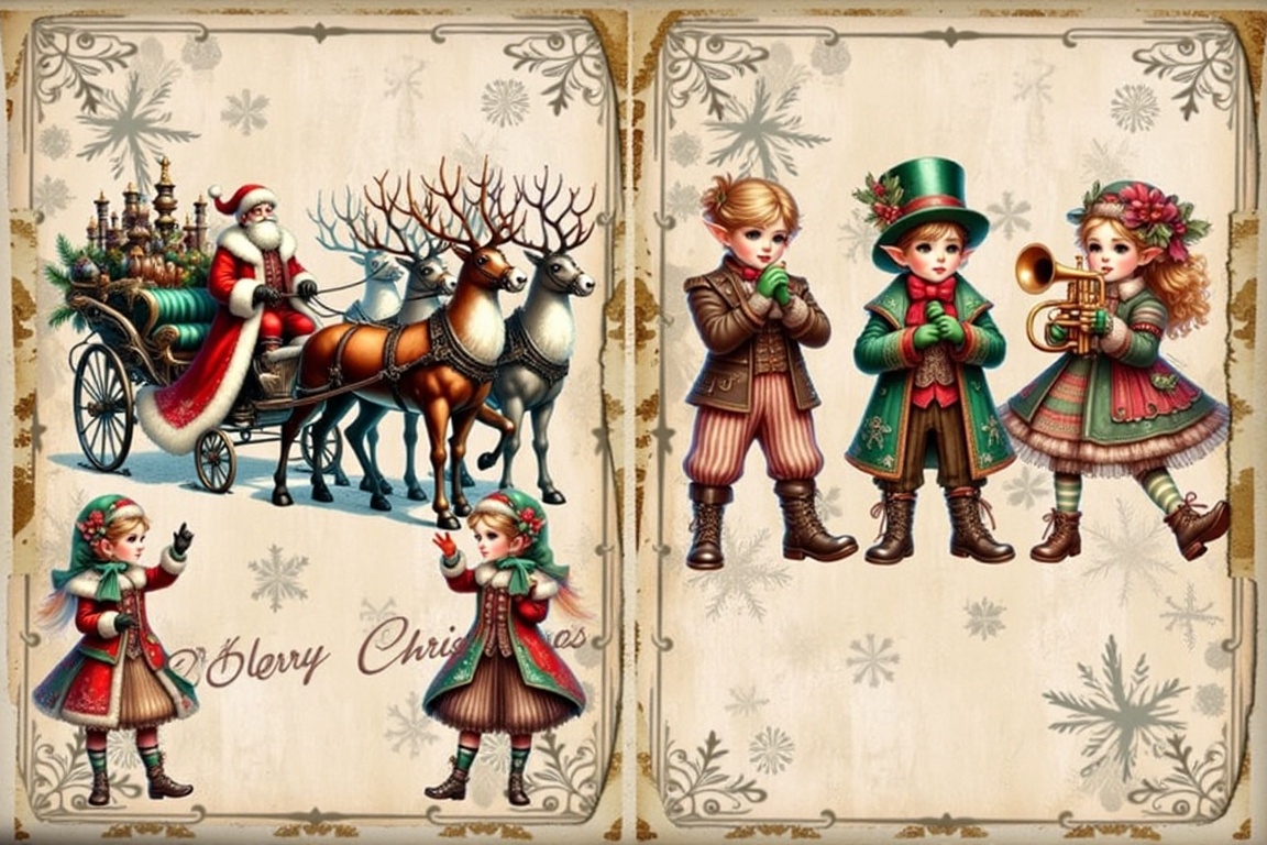 Captured from a light-colored book is a collage of Christmas images. The left side of the book features a Christmas scene...