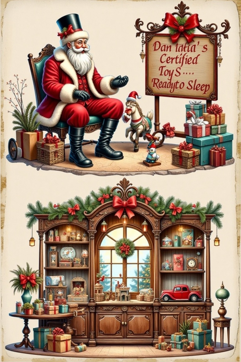 a collage of two images depicts a Christmas scene. The first image shows a Santa Claus sitting on a chair with a sign in f...