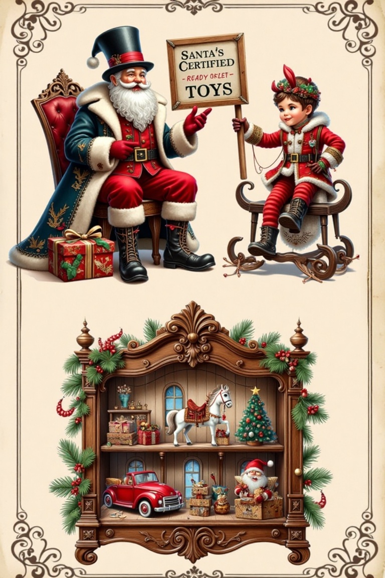 a collage of two images depicts a Christmas scene. The first image shows a Santa Claus sitting on a chair with a sign in f...