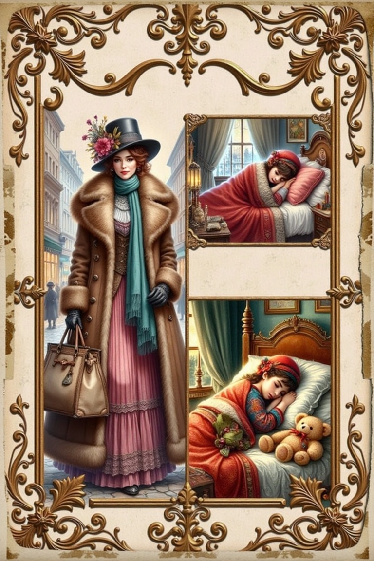 a collage of two photographs features a woman dressed in a fur coat a hat and a scarf. The woman is holding a bag in her l...