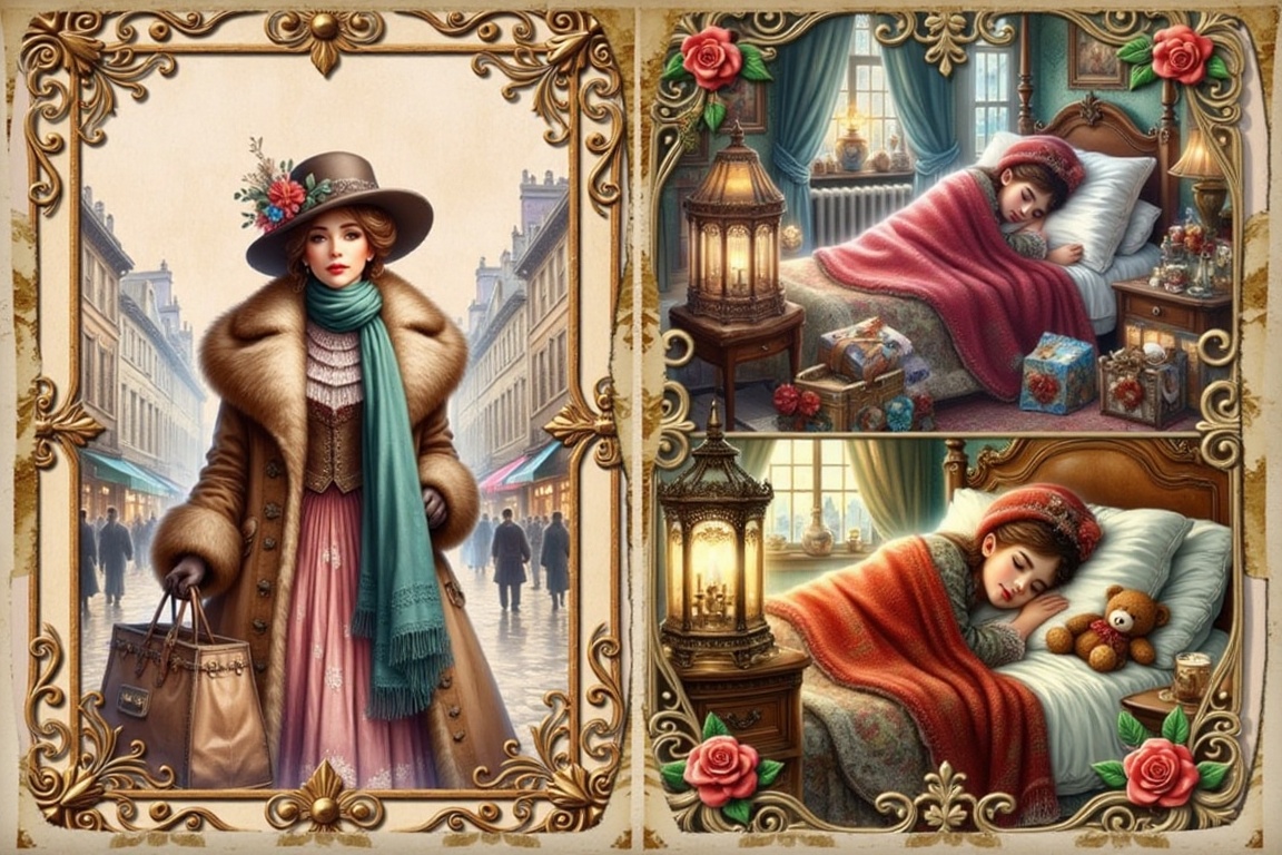 a collage of two photographs features a woman dressed in a fur coat a hat and a scarf. The woman is holding a bag in her l...