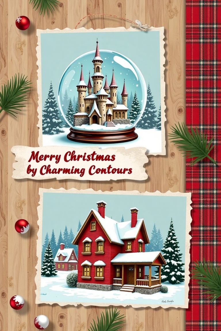 Captured on a light brown wooden surface is a collage of two images. The first image shows a snow globe with a castle in t...