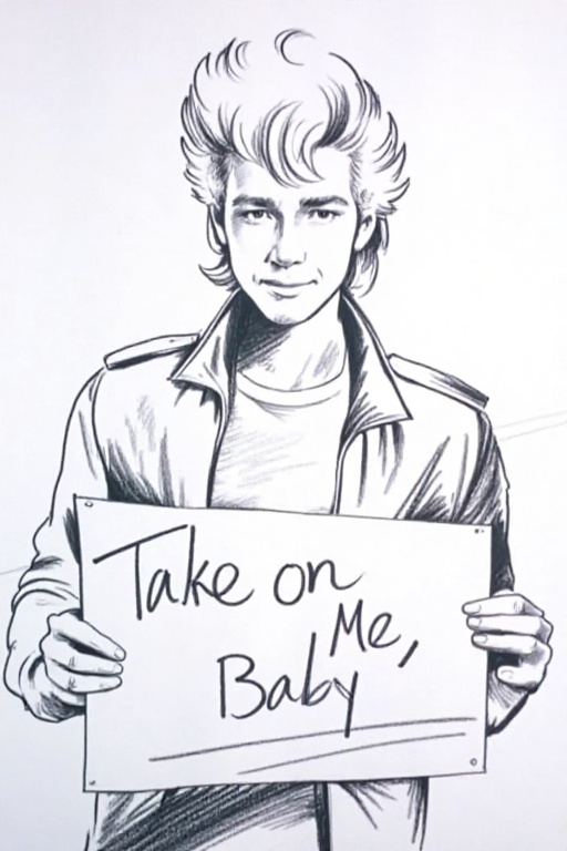 In the art style of Take On Me,  which is a pencil-sketch rotoscope animation blending hand-drawn sketchy lines with reali...