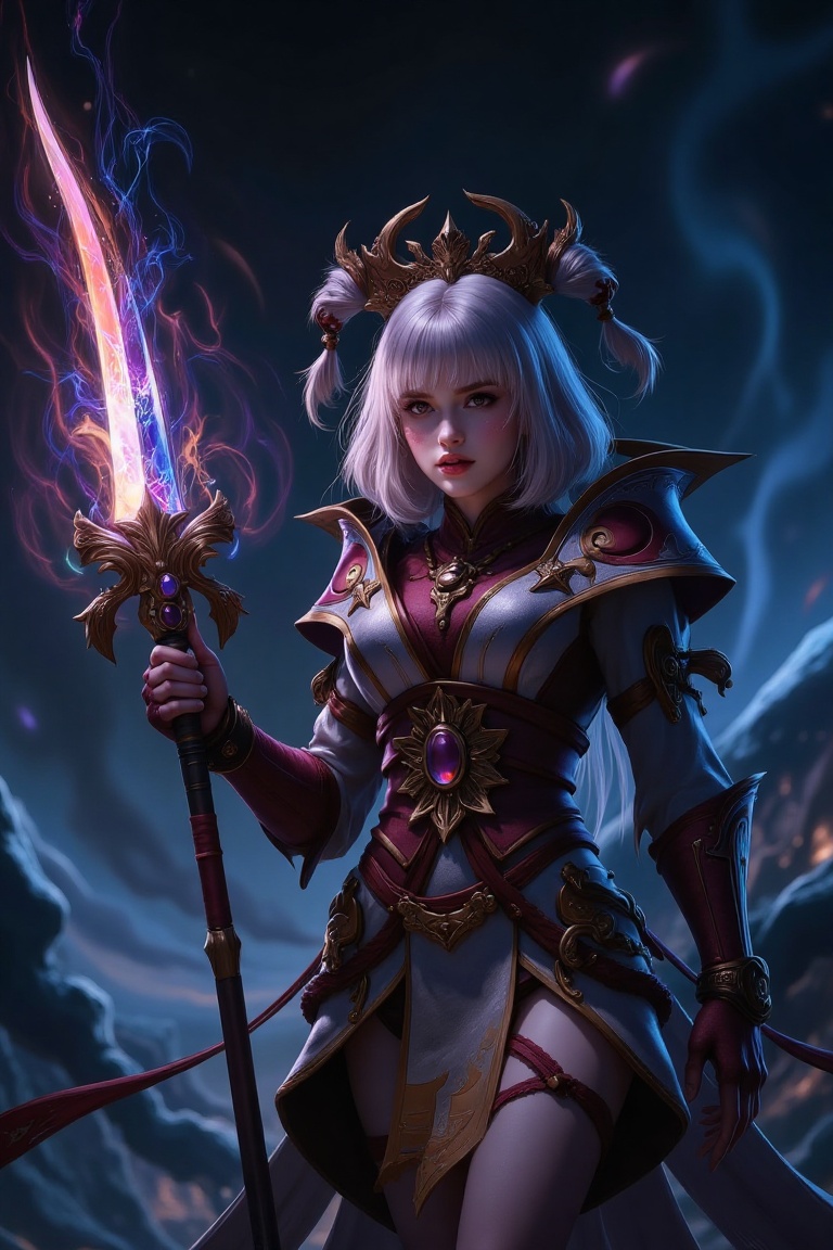 A dynamic mid-shot of Lunox holding a weapon,  her expression focused and determined. The scene is set in a dramatic,  dim...