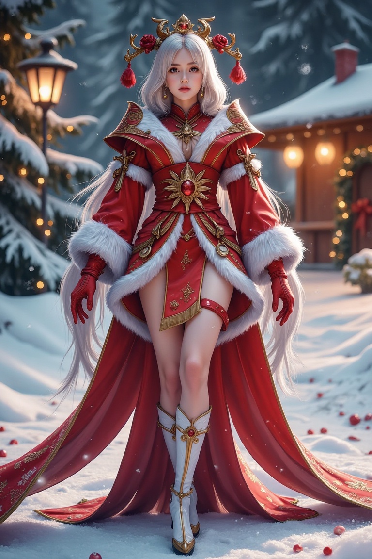 A full-body shot of Lunox wearing a Santa Claus suit,  her veil flowing gracefully in a gentle breeze. The scene is set in...