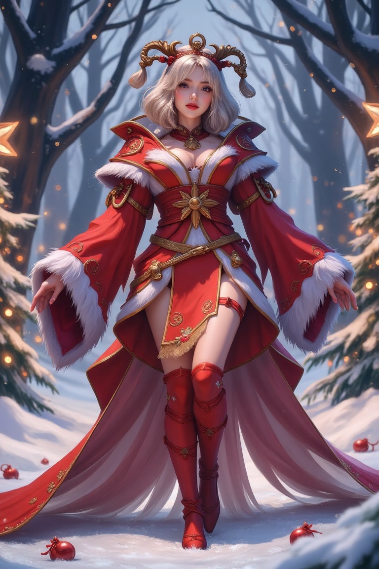 A full-body shot of Lunox wearing a Santa Claus suit,  her veil flowing gracefully in a gentle breeze. The scene is set in...