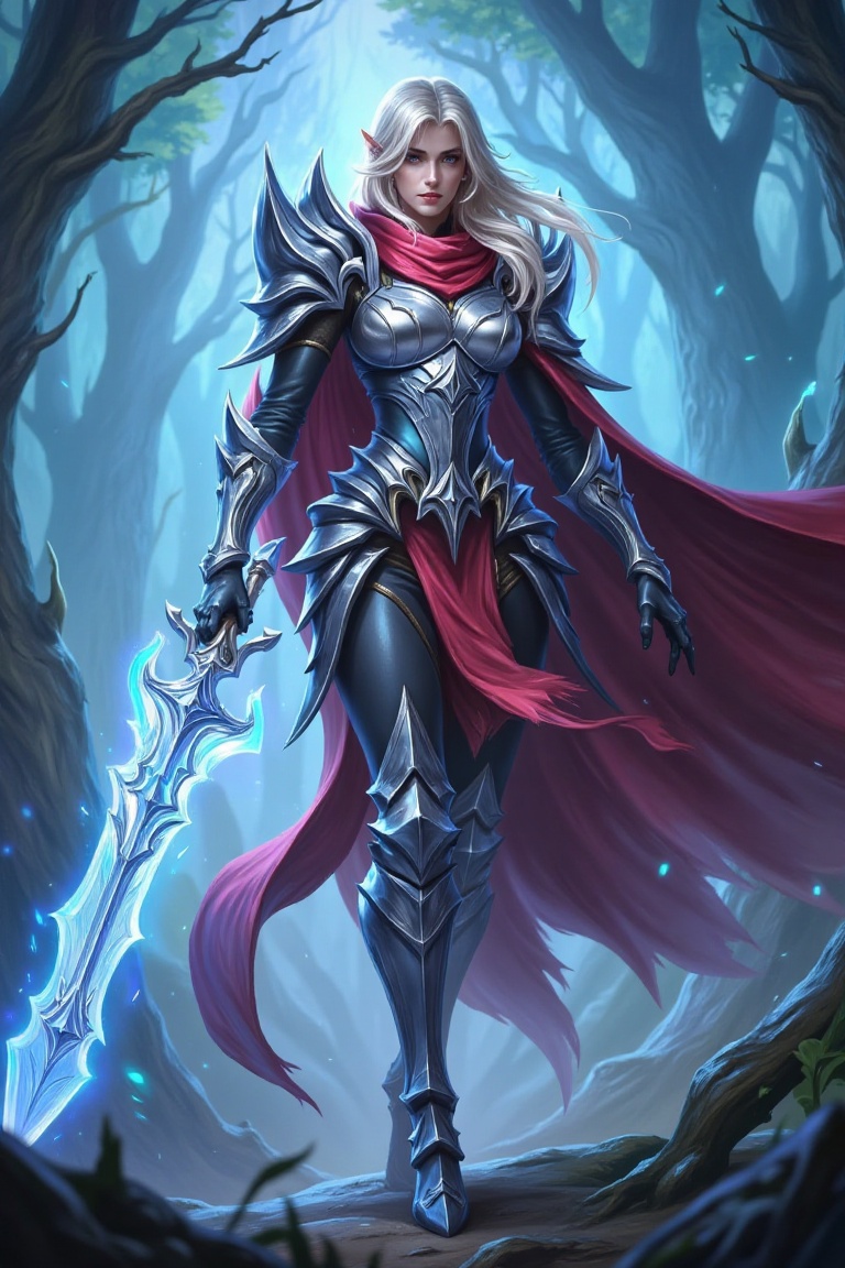 A fierce female warrior with silver armor,  flowing crimson cape,  holding a glowing sword on Tensor.Art