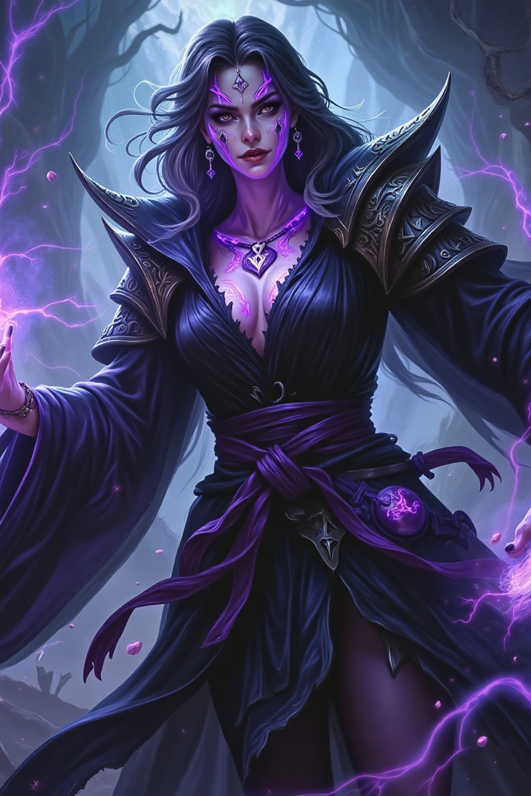 A dark sorceress with glowing purple runes on her skin,  wearing a tattered black robe,  summoning a storm of dark energy...