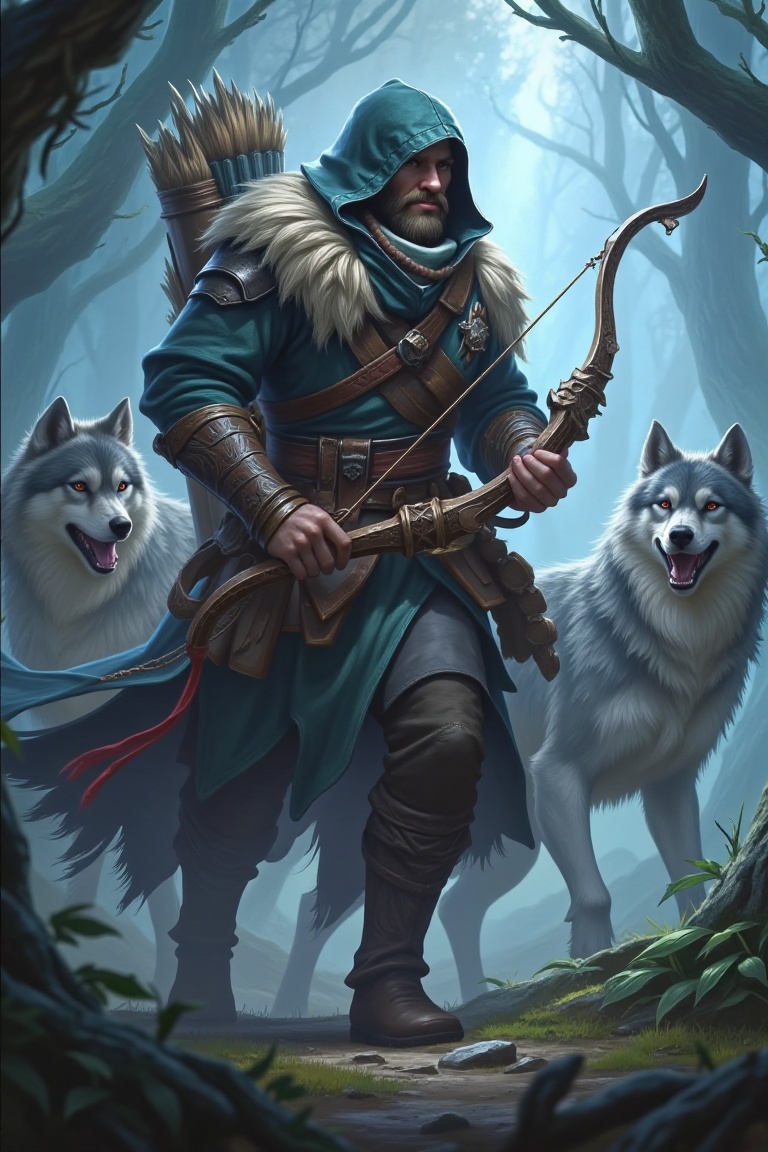 AA rugged ranger with a hooded cloak,  carrying a longbow,  surrounded by wolves in a misty forest on Tensor.Art