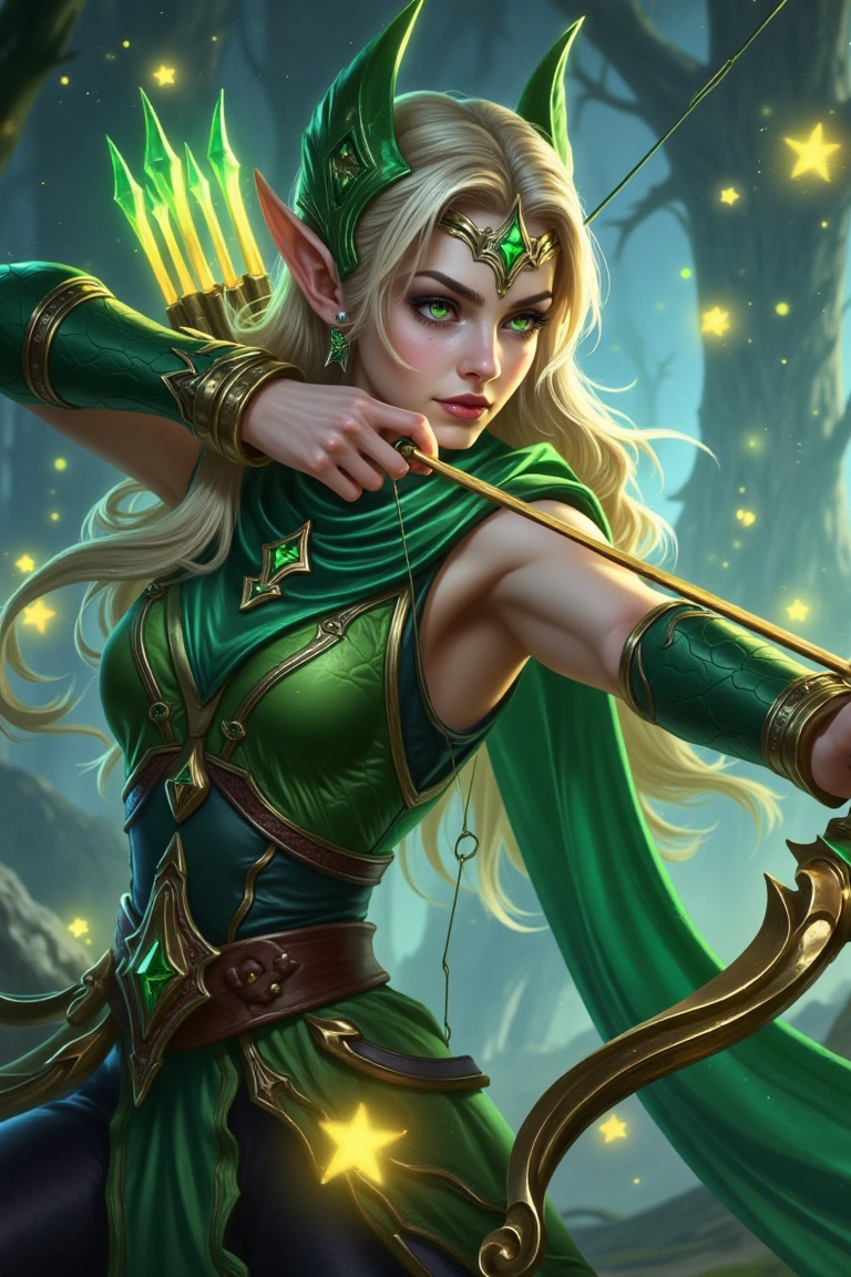 An elegant elven archer with emerald eyes,  wearing a green and gold leather outfit,  aiming her bow surrounded by magical...