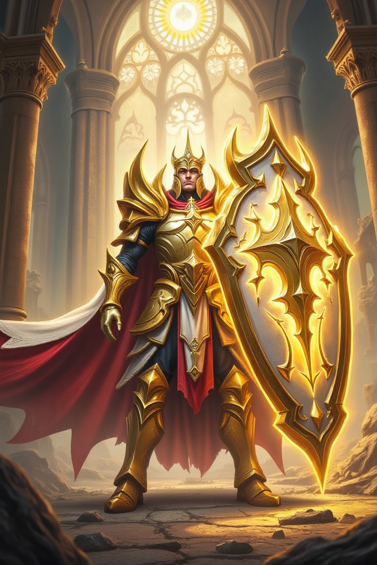 A noble paladin with shining golden armor,  a massive shield glowing with holy energy,  standing in a ruined cathedral sur...