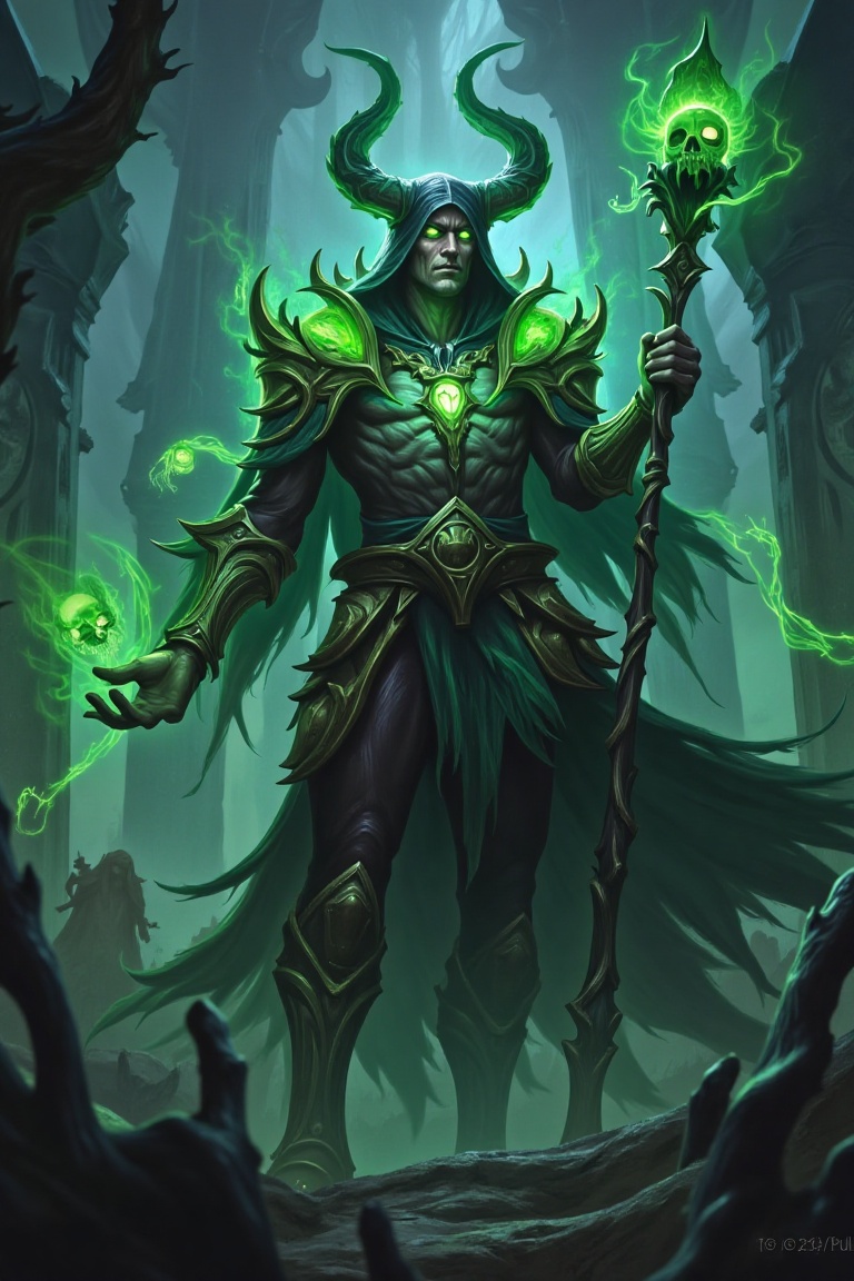 A dark necromancer with glowing green skulls around him,  holding a staff made of bones,  summoning undead in a shadowy gr...