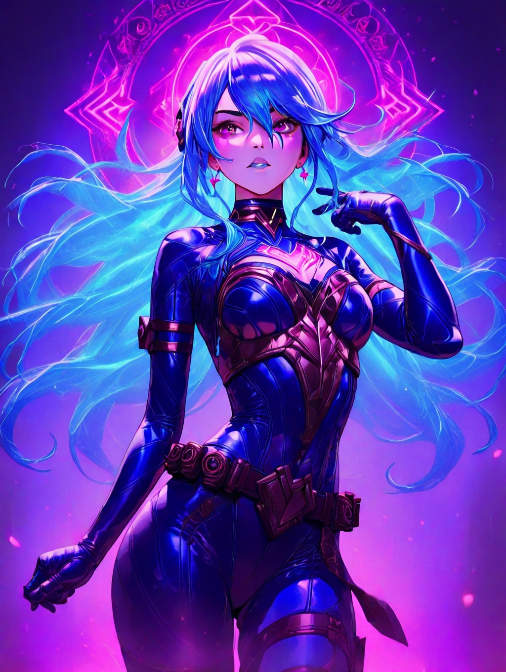 Create a vibrant and dynamic character design of a female superhero with flowing hair and an intricate costume. The charac...