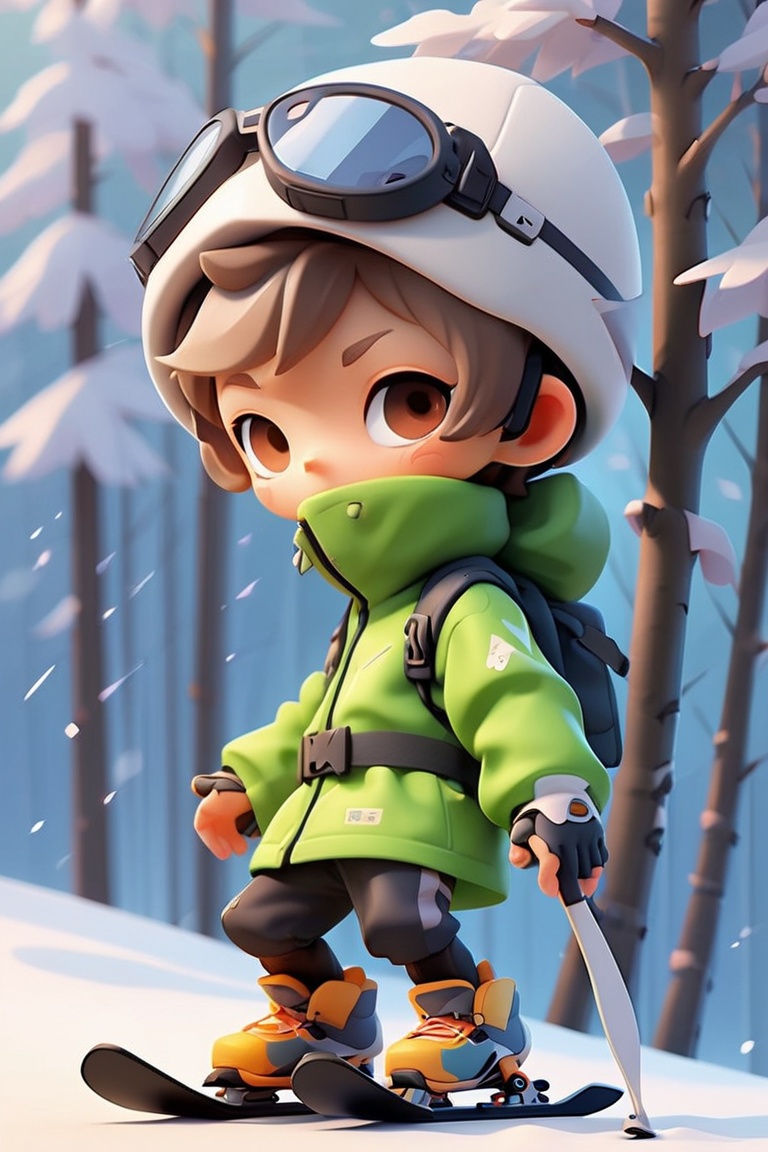 1boy, skiing, forest background, soft light, masterpiece, high-definition works, wallpaper,cote,short hair,grove,shirt,simple background,chibi,masterpiece,bestquality,