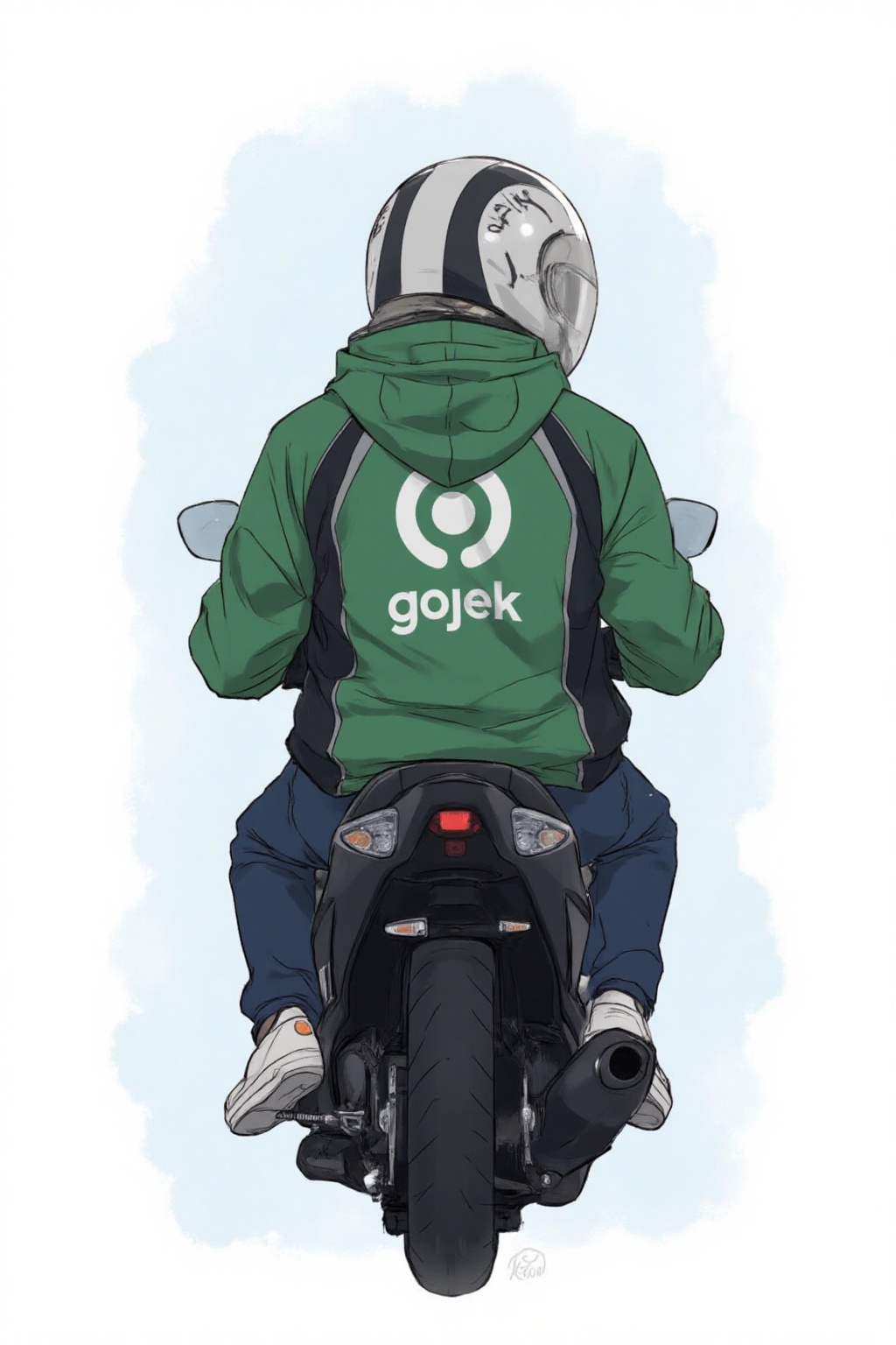 anime_style drawing anime of a motorcyclist is riding a black motorcycle with a green jacket and blue jeans. The jacket ha...