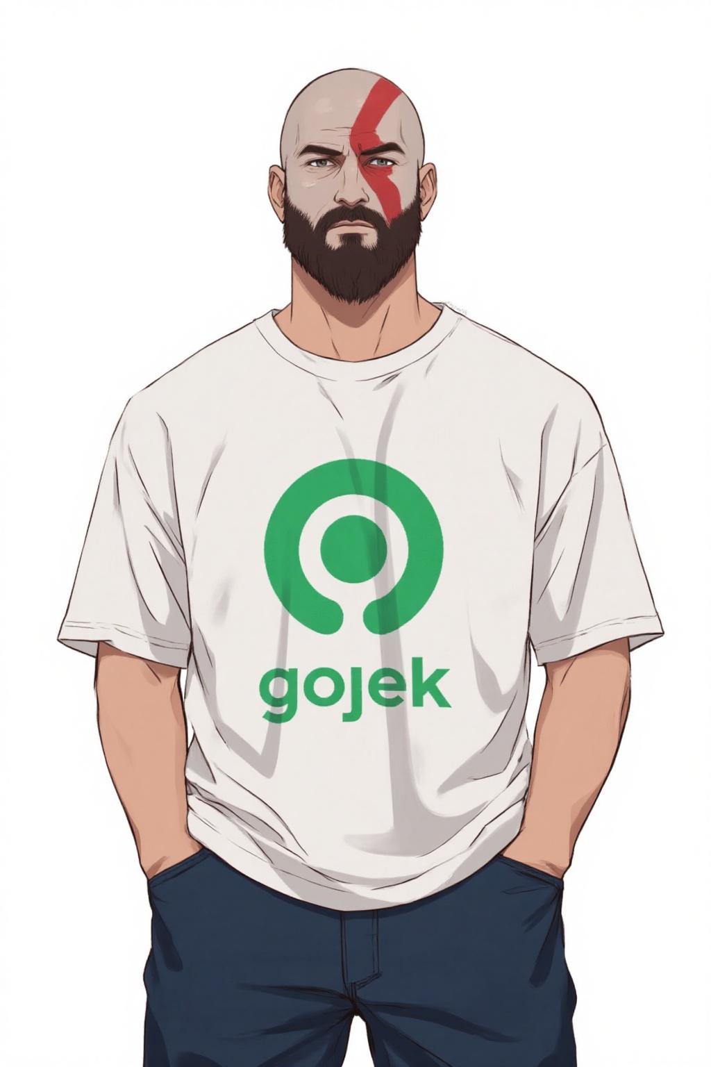 anime_style drawing anime of a kratos god of war wear a white t shirt and blue jeans. The t shirt has a green g0jekl0go on...